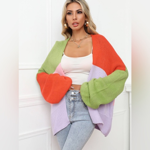 WL Sweaters - Color Block Open Front Balloon Sleeve Longline Cardigan